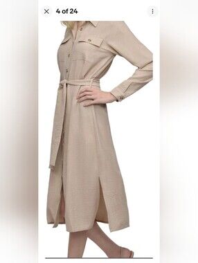 DKNY Beige Long-Sleeve Belted Midi Shirt Dress